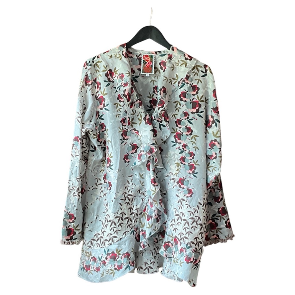 Johnny Was Multicolor Floral Long Sleeve Button Up Silk Blouse Size Large